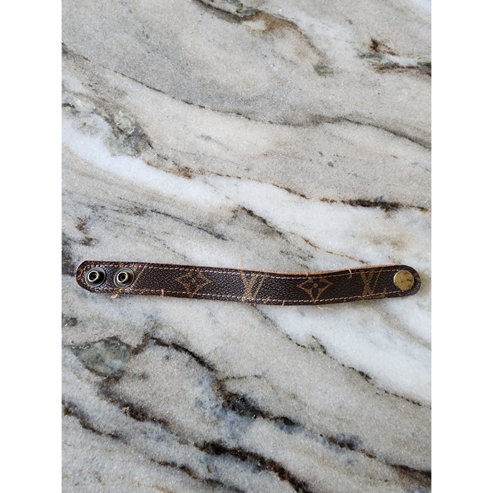 Upcycled Monogram Canvas Leather Wrap Bracelet Brown Snap Cuff Western